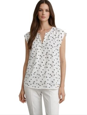 Ivanka Trump White Floral Print Blouse Short Sleeve V-Neck Lightweight Size S